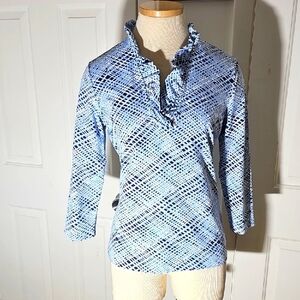 J. Mclaughlin Durham Blue Patterned Top. Cataling Stretch Cloth. 3/4 Sleeves. M